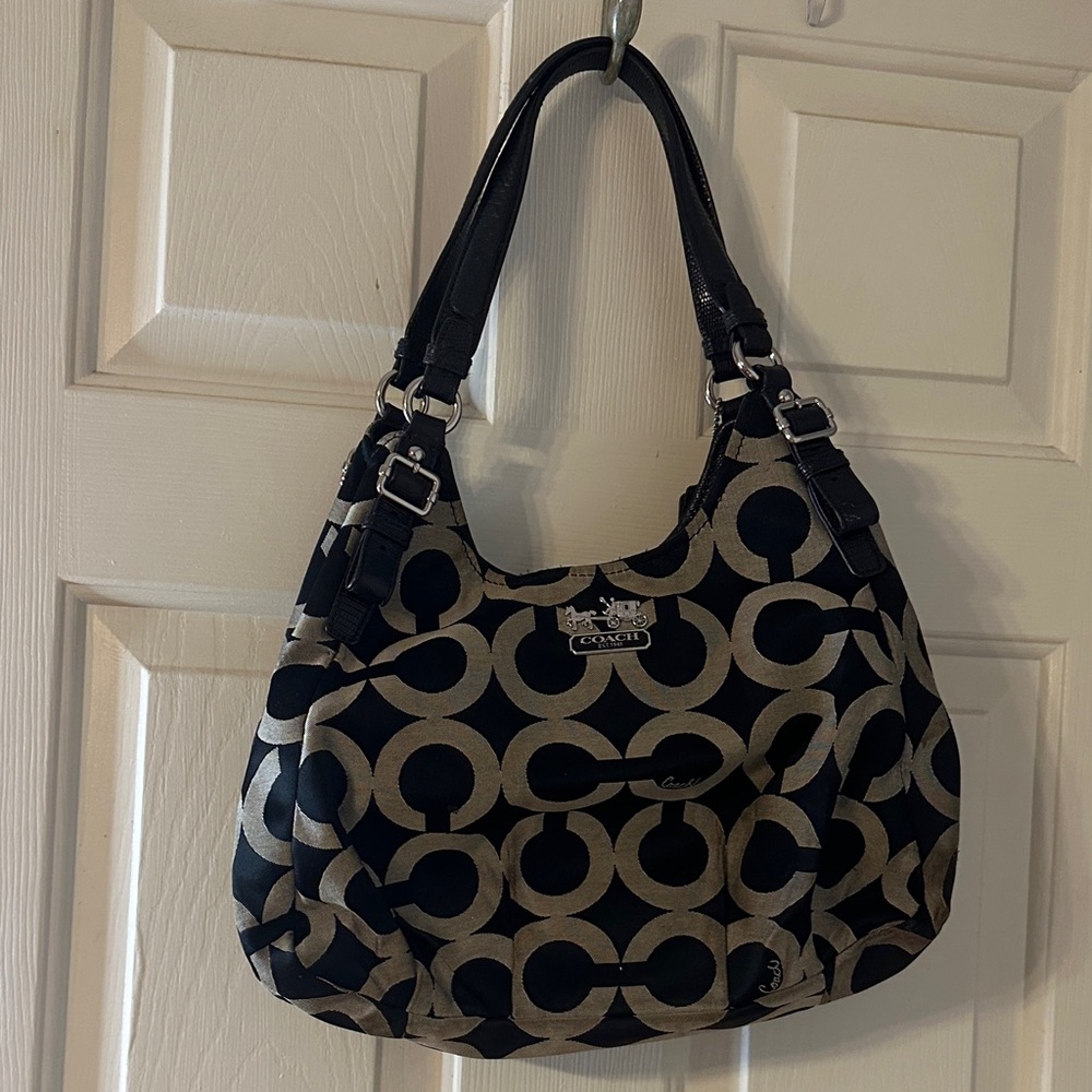 Coach Black and Tan Signature Shoulder Bag